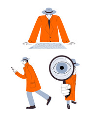 Set of illustration, Detective in cloak and hat investigates case, looks at map, walks with magnifying glass, cartoon character, flat design