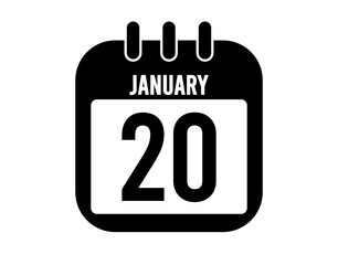 20 January calendar icon. Black calendar vector on white background for January holidays