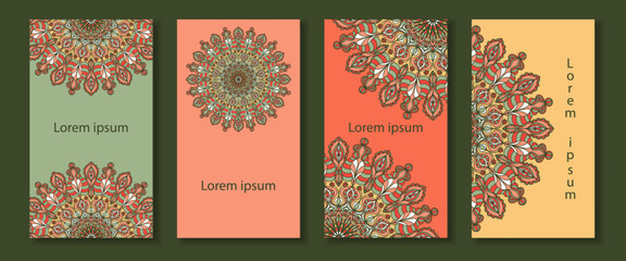 Four different coloured backgrounds with a colourful mandala. Vector openwork pattern. Ethnic patterns in the design of cards, invitations, labels, packages, cards, business cards. - obrazy, fototapety, plakaty