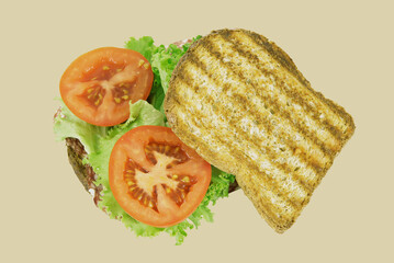 Delicious Double Beef Burger consists of Bun Bread Patty Pickle Onion Mayonaisse Ketchup Cheddar Cheese and lettuce in a yellow background