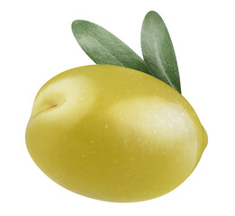 Single green olive with leaves, isolated on white background