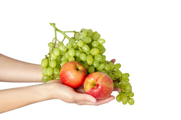 Grape brush and a few apples in the hands. Fruits in hands on a white background.