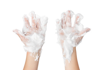 Hands in white soapy foam. Isolate on a white background. To wash hands. Hand hygiene.