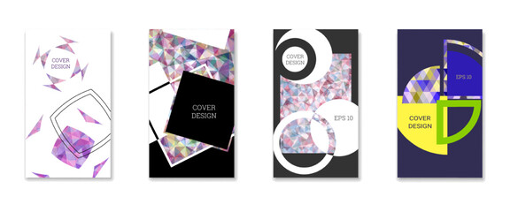 Fototapeta premium Cover design. Set of 4 covers. Imitation of crumpled paper. Unusual bright abstract background for magazine, book, splash, banner, vector. Imitation of crumpled paper