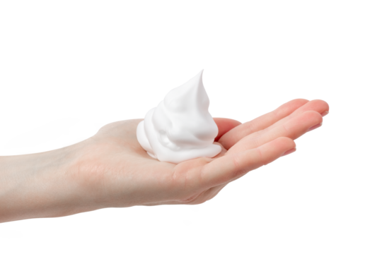 The hand holds shaving foam. Shaving foam on hand. Shaving cream isolated on white