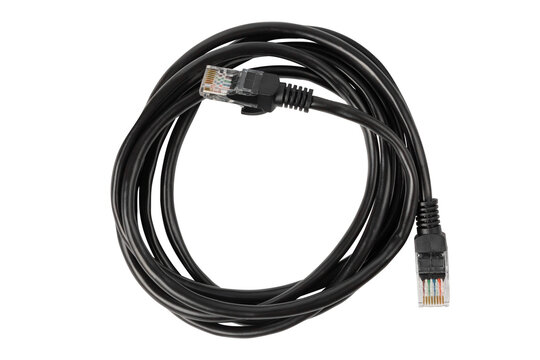 Black patch cord isolated on white. Patch cable with rj45 connector