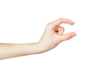 Slightly - gesture with hands on a white background. A little bit, short.