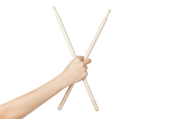 Drum sticks isolated on white background. Holding drumsticks. Wooden drumsticks in hand