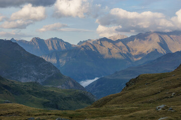 Beautiful mountain landscape near Gavarnie at Col de Tentes in the Pyrenees during golden hour of...