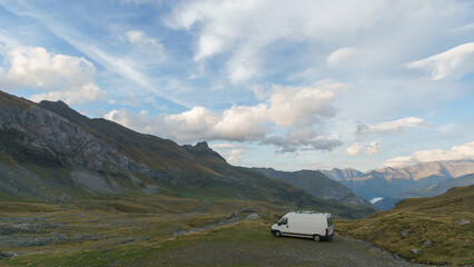Beautiful mountain landscape near Gavarnie with camper van at pass Col de Tentes in the Pyrenees,...