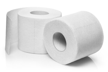 Two rolls of white toilet paper, isolated on white background
