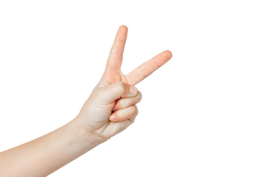 Peace sign isolated on white background. V sign is a hand gesture. The hand shows the sign of victory