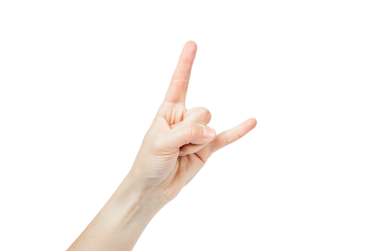 The sign of the horns is a hand gesture. Horns sign isolated on white background