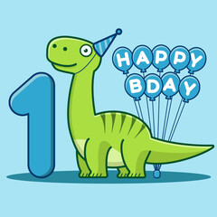 Happy 1st Birthday. Cute invitation card with brontosaurus, balloons, and numbering. Flat vector illustration.