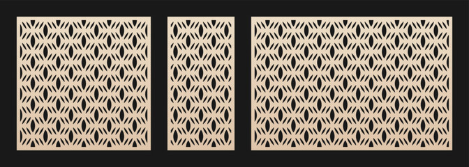 Laser cut panels. Vector template. Abstract geometric patterns set with delicate grid, mesh, lattice ornament. Decorative stencil for CNC cutting of wood, metal, paper. Aspect ratio 1:1, 1:2, 3:2