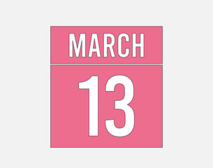 13 March calendar pink. Calendar page vector for March on light background