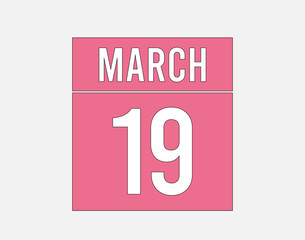 19 March calendar pink. Calendar page vector for March on light background