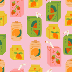 Seamless pattern with various asian drinks with different fruit flavors. Packets of juice, soda cans and milk boxes. Cute vector flat background