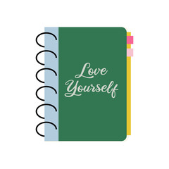 Cute personal diary notebook with selfcare lettering love yourself. Cozy vector illustration on isolated background. Hygge scandinavian concept