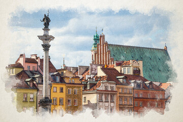 Street of a European city. Old town landmark. Watercolor illustration style. Multi-colored houses of the tourist route. Sights attractions. Building house streets Warsaw center square - obrazy, fototapety, plakaty