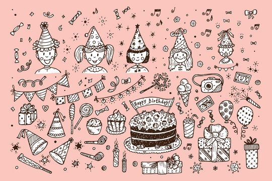 Birthday set. Children's Birthday Party. Funny Kids. Boys and girls in festive paper hats and Party Supplies. Hand drawn doodle Birthday Party elements. Happy Birthday. Vector Celebratory