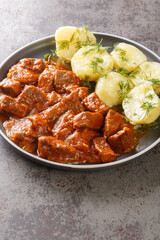 Vienna Goulash or Wiener Saftgulasch served with boiled potatoes closeup on the plate on the table. Vertical