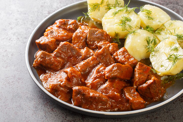 Wiener saftgulasch is a hearty stew that consists of diced lean beef drenched in a thick, flavorful gravy closeup on the plate on the table. Horizontal