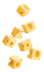 Flying delicious cheese cubes, isolated on white background