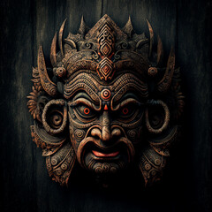 Fototapeta premium Old wood hindu mask, cracked, used. Image of Hindu God carved on wood. AI generated photorealistic image of an old wooden mask. Digital art