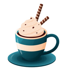 Cup with hot drink and cream with chocolate.