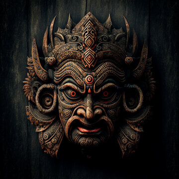 Old Wood Hindu Mask, Cracked, Used. Image Of Hindu God Carved On Wood. AI Generated Photorealistic Image Of An Old Wooden Mask. Digital Art