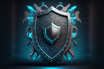 Fototapeta premium Internet Security Shield Hi-Tech Technology, Cyber Security and Network Protection, 3D Illustration, Generative AI