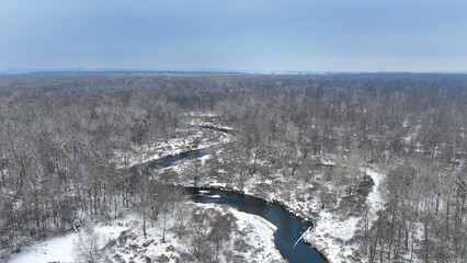 River winter floodplain snow meander delta drone aerial inland video shot in sandy sand alluvium...