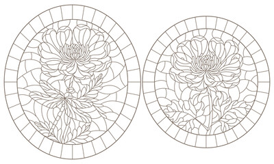 Set of contour illustrations in stained glass style with flowers and dragonflies, dark outlines on a white background