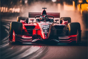 Crédence de cuisine en verre imprimé F1  a red race car driving down a track with smoke coming from the back of it's tires and front wheels. Generative AI