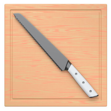 Chef's kitchen knife on a wooden board isolated on white background.