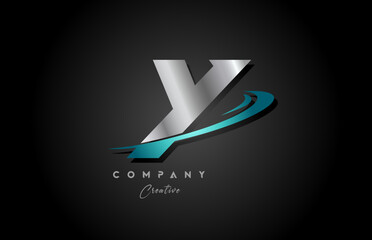 silver metal blue Y alphabet letter logo icon design with swoosh. Creative template for company and business