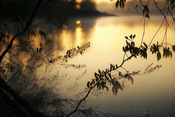A soft focus silhouette of tree branches and plants above a river at sunrise. Generative AI