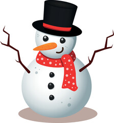 Happy and cute snowman isolated character in a hat and scarf. Snowman on white background.