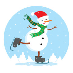 Funny, cute, happy snowman in scarf having fun, ice skating on frozen winter lake. Christmas holiday festive greeting card flat style vector illustration