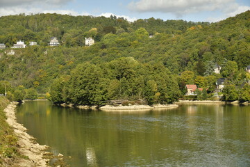 Fototapeta na wymiar L'une des iles à la végétation sauvage au milieu de la Meuse dans un cadre de paysage bucolique à Lustin à 10 km au sud de Namur 