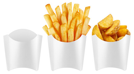 Set of carton package boxes (empty, potato fries, potato wedges), isolated on white background