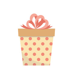 Craft gift box with pink polka dots and big pink bow. Birthday present. Flat, cartoon, vector