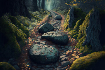 Fototapeta premium a route made of stones through a thick forest. Generative AI