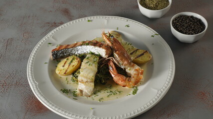 fried salmon dish with shrimp