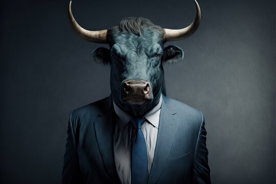  a man in a suit and tie with a bull's head on his face and a suit jacket. Generative AI
