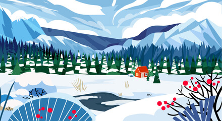 Cute winter landscape with red forest cabin cottage. Winter banner. Lovely houses in a snowy valley. Horizontal winter forest scenic background illustration