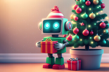 Cute baby robot stands in a room in front of decorated Christmas tree holding gift box. Generative AI illustration with copy space