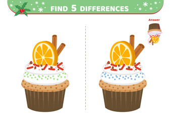 Dessert with orange. Cupcake. Find 5 differences. Game. Flat, cartoon, vector