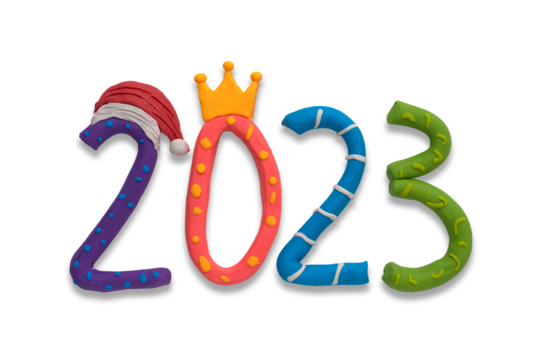 2023 numbers in colored cartoon style and Santa's hat all made by hand from plasticine. Happy New Year event poster, greeting card, 2023 calendar design, invitation to celebrate New Year